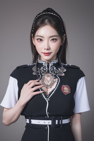 uniforms,thick_eyebrows,cleavage cutout,realistic,photorealistic,4k,high res,detailed,high detail,intricate,masterpiece,taeyeonlorashy,detail face, eye to eye,model pose, office look,smile,full body,small boobs,nature