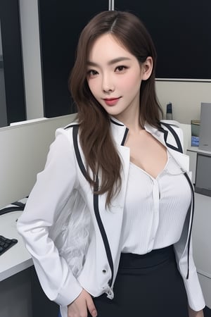 uniforms,thick_eyebrows,cleavage cutout,realistic,photorealistic,4k,high res,detailed,high detail,intricate,masterpiece,taeyeonlorashy,detail face, water, eye to eye,model pose, office look,smile,full body