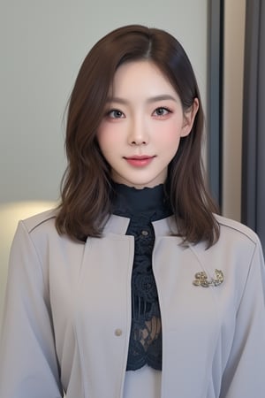 uniforms,thick_eyebrows,cleavage cutout,realistic,photorealistic,4k,high res,detailed,high detail,intricate,masterpiece,taeyeonlorashy,detail face, eye to eye,model pose, office look,smile,full body,small boobs,nature