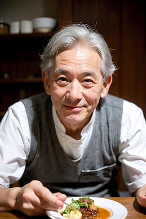 1oldman, chef, fine dining, restourant, deliciouse food, look at viewer, gray hair, have little hair, korean old man, 50 years old, smail face, skiny