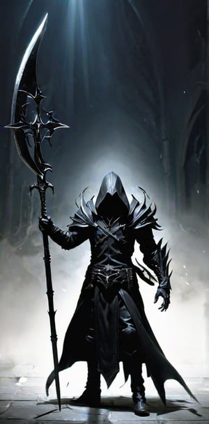 best quality, masterpiece, high res, black rider, {{diablo in malthael}},hold a sickle in one's hands , {{black leather robe}}, {{faceless male}}, dark fantasy style, {{dual weapon}}, full body
