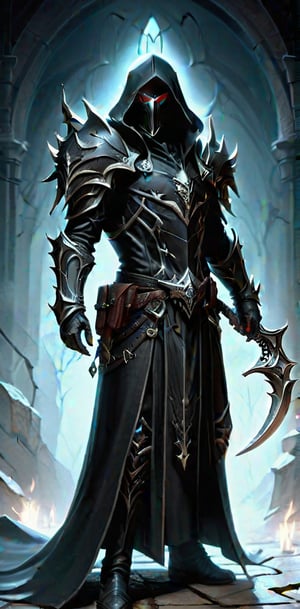 best quality, masterpiece, high res, black rider, {{diablo in malthael}}, hands in sickle, {{black leather robe}}, {{faceless male}}, dark fantasy style, {{dual weapon}}, full body