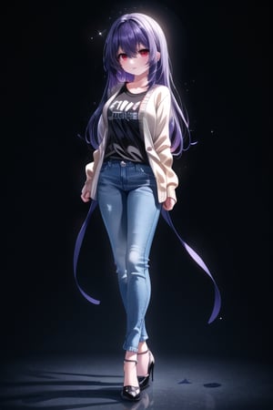 masterpiece, best quality, high resolution, detailed eyes, 1girl, solo, cardigan, t-shirt, blue_jeans,  long hair, side lock hair, parted bang,  white background, {{black-hair}}, [[purple hair]], {{brown eyes}}, [[red eyes]], full body, arms at chest, looking_at_viewer , mole under mouth,  standing, big_chest, black high heel,1 girl