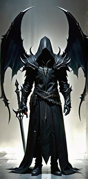 best quality, masterpiece, high res, black rider, {{diablo in malthael}}, hands in sickle, {{black leather robe}}, {{faceless male}}, dark fantasy style, {{dual weapon}}, full body