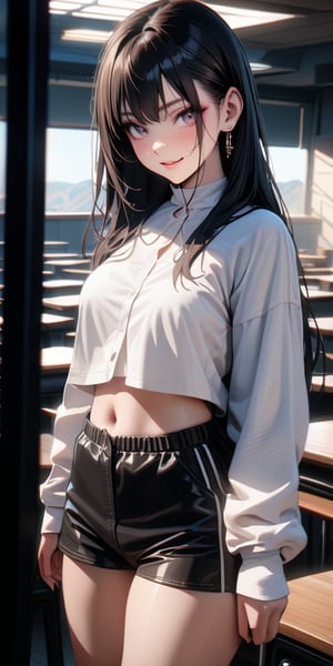 High-quality cinematic images, extreme details, ultra-high definition, extreme realism, high-quality lighting, 16k UHD, black hair, 1girl, ear ring, long hair, white blouse, short pants, white knee socks, black hill, in classroom, seductive smile, easygoing face, navel cutout, front braid, ,(masterpiece),scenery