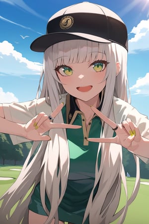 masterpiece, best quality,  1girl, solo, long hair, looking at viewer, smile, open mouth, bangs, shirt, hat, jewelry, very long hair,nail polish, black headwear, chinese clothes, ring,  depth_of_field, 1girl, golfwear, in golfgreen, 8k, golf hat, sunnyday, beatiful, ((high resolution)), superdetail, 20yearsold,perfect anatomy,HDR, V sign