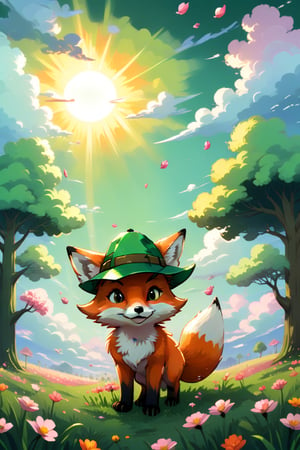 fox, outdoors, sky, cloud, tree, petals, no humans, grass, scenery, sun, field, gradient sky,Pixel art, high brightness and hyper coloured, green hat