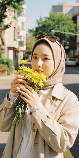 Candid moment on a sun-kissed sidewalk: a radiant woman in a trench coat and crisp white shirt holds and kisses a vibrant bouquet of yellow flowers, her brown sunglasses tucked on her hijab head. Natural light dances across her features as she's lost in thought, the blurred background and bokeh effect creating a sense of intimacy. Soft lighting accentuates her bright smile, while super detailed textures bring the scene to life., Film Photography