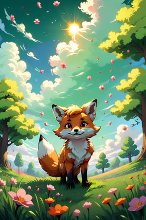 fox, outdoors, sky, cloud, tree, petals, no humans, grass, scenery, sun, field, gradient sky,Pixel art, high brightness and hyper coloured, green cap