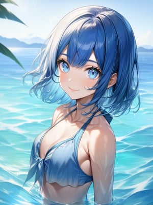 blue hair, medium hair, face, bishoujo, look at viewer, smile, water, upper body, best quality, perfect anatomy, swimsuit