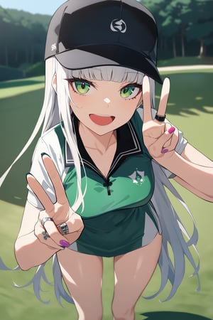 masterpiece, best quality,  1girl, solo, long hair, looking at viewer, smile, open mouth, bangs, shirt, hat, jewelry, very long hair,nail polish, black headwear, chinese clothes, ring,  depth_of_field, 1girl, golfwear, in golfgreen, 8k, golf hat, sunnyday, beatiful, ((high resolution)), superdetail, 20yearsold,perfect anatomy,HDR, V sign