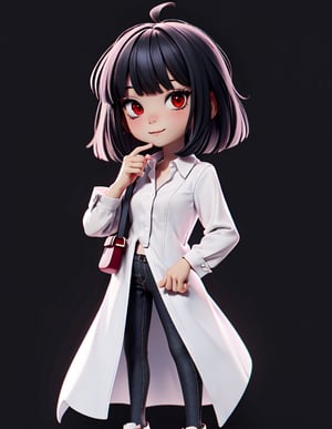  solo, chibi, full body, looking at viewer,  black hair,simple background,chibi,masterpiece, best quality, 1girl, red eyes, black hair, bangs, white shirt,  rack,black jeans,Not a naked sword in  hand,black coat