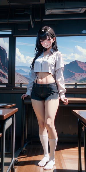 High-quality cinematic images, extreme details, ultra-high definition, extreme realism, high-quality lighting, 16k UHD, black hair, 1girl, ear ring, long hair, white blouse, short pants, white knee socks, black hill, in classroom, seductive smile, easygoing face, navel cutout, front braid, ,(masterpiece),scenery