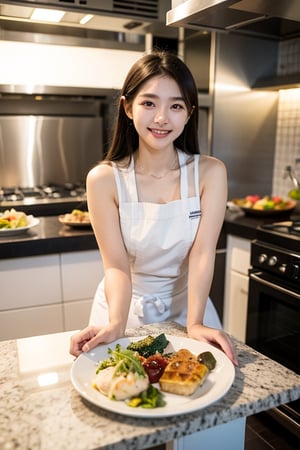 1girl, chef, fine dining, restourant, deliciouse food, look at viewer, korean girl, 20 years old, smail face, skiny