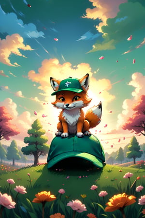 fox, outdoors, sky, cloud, tree, petals, no humans, grass, scenery, sun, field, gradient sky,Pixel art, high brightness and hyper coloured, green baseball cap