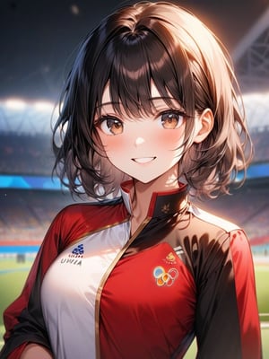 black hair, medium hair, face, 1 girl, look at viewer, smile, upper body, best quality, perfect anatomy, perfect hands, red lib, face, olympic, high resoulution, korea uniform, korean girl, stadium background