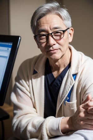 1oldman, doctor, in hospital, on glasses, look at viewer, gray hair, have little hair, korean old man, 50 years old, smail face, skiny