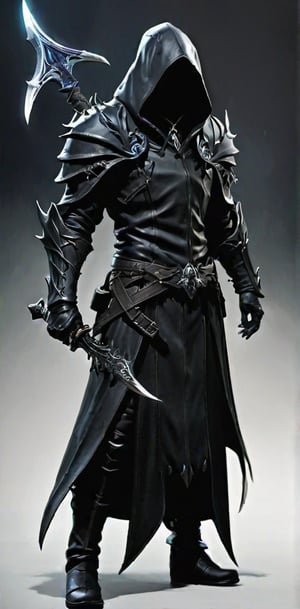 best quality, masterpiece, high res, black rider, {{diablo in malthael}}, {{black leather robe}}, {{faceless male}}, dark fantasy style, {{dual weapon}}, full body, {{a sickle in both hands}}