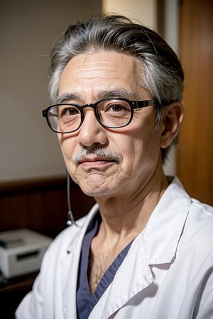 1oldman, doctor, in hospital, on glasses, look at viewer, gray hair, have little hair, korean old man, 50 years old