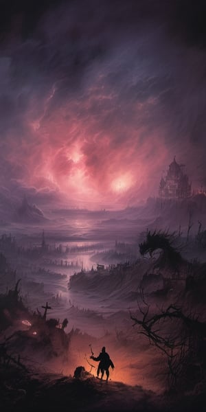 dark fantasy art style,  knight fighting a giant fantasy dragon, burned village in background, highly detailed, morning dawn, (mystical dense fog), oil and watercolor painting, epic scene, (dense smoke by Kim Keever), dark, moody, dark fantasy in style of Frank Frazetta, Bosstyle, , ,sci-fi,Movie Still