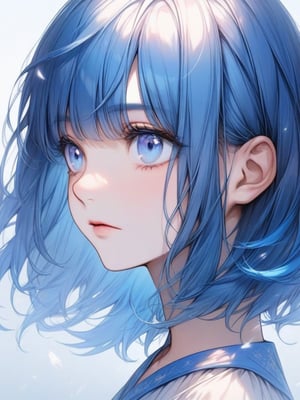 blue hair, medium hair, face, bishoujo