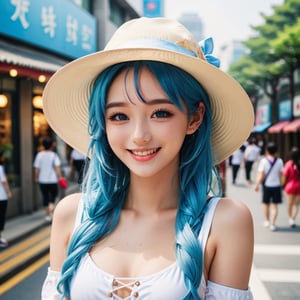 cute girl, beaty, ((high quality)), smile, V-sigh, white onepiece, large hat, blue hair, skyblue eyes, in the seoul city