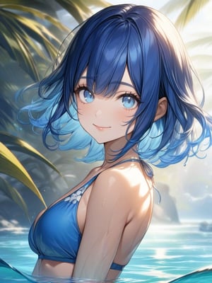 blue hair, medium hair, face, bishoujo, look at viewer, smile, water, upper body, best quality, perfect anatomy, swimsuit