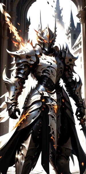 Concept art of an Ulcerate knight standing amidst swirling shadows, gripping the Unrefined Fireblast weapon with a firm, gauntleted hand. The knight's armor is etched with cursed symbols, and his eyes blaze with an otherworldly light. The weapon itself is a fusion of metal and fire, exuding a raw and untamed energy. The background is a nightmarish realm of twisted spires and ominous clouds, enhancing the knight's sinister presence. --s 1000