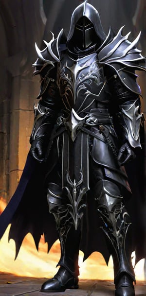 best quality, masterpiece, high res, black rider, black knight, {{malthael}},{{weapon is twin sickle}}, black leather robe,