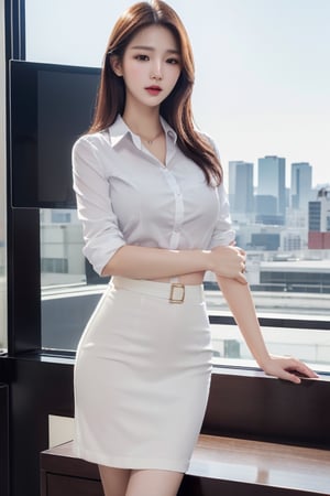 (Best quality, 8k, 32k, masterpiece, UHD:1.2), pretty korea woman photo, 1woman, Highest quality, highest quality, today's work look, daily look, everyday clothes, background is urban background, morning city, clean city, Korea, Korean lady, Korean beauty, Korean office worker