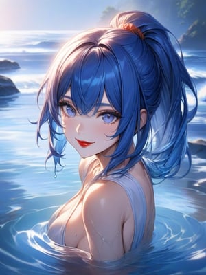 blue hair, medium ponytail hair, face, bishoujo, look at viewer, smile, water, upper body, best quality, perfect anatomy, sexy girl, red lip