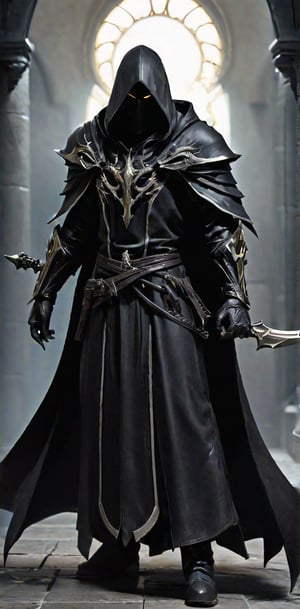 best quality, masterpiece, high res, black rider, {{malthael}},sickle, {{black leather robe}}, faceless male, dark fantasy style, dual wielding, full body