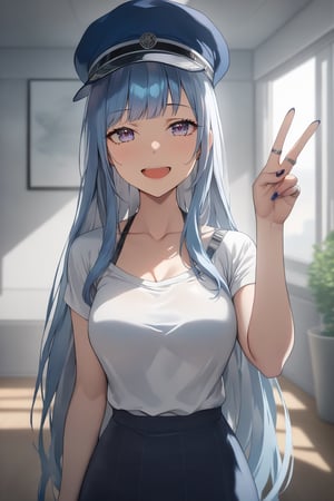 masterpiece, best quality,  1girl, solo, long hair, looking at viewer, smile, open mouth, bangs, shirt, hat, jewelry, very long hair,nail polish, ring,  depth_of_field, 8k, sunnyday, beatiful, ((high resolution)), superdetail, 20yearsold,perfect anatomy,HDR, V sign