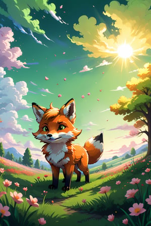 fox, outdoors, sky, cloud, tree, petals, no humans, grass, scenery, sun, field, gradient sky,Pixel art, high brightness and hyper coloured, green cap