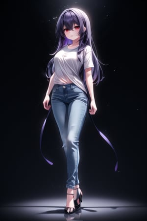 masterpiece, best quality, high resolution, detailed eyes, 1girl, solo, cardigan, t-shirt, blue_jeans,  long hair, side lock hair, parted bang,  white background, {{black-hair}}, [[purple hair]], {{brown eyes}}, [[red eyes]], full body, arms at chest, looking_at_viewer , mole under mouth,  standing, big_chest, sexy, black high heel,1 girl