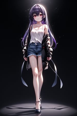 masterpiece, best quality, high resolution, detailed eyes, 1girl, solo, summer cardigan, camisole top, blue_jeans,  long hair, side lock hair, parted bang,  white background, {{black-hair}}, [[purple hair]], {{brown eyes}}, [[red eyes]], full body, arms at chest, looking_at_viewer , mole under mouth,  standing, big_chest, black high heel, smail, 