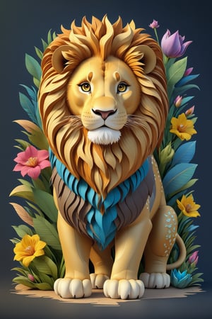 (full body) intricate coloring, vector graphic design of a  Lion with dinosaur, 3-6-9 pattern, art and mathematics fusion, high resolution, kawaii, cute, Elegant, subtle gradient, sophisticated, muted colour scheme, hyper-detailed, trending at artstation, sharp focus, studio photography, highly detailed, centred, bright colour, solid dark background, made with adobe illustrator, movie still, Leonardo Style, 3d style,3d style, photo r3al around the beautiful flower.