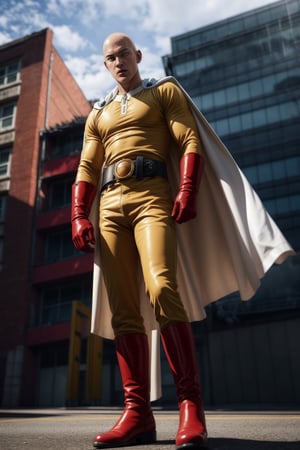 saitama, (photorealistic:1.25), one punch, 1boy, 25-year-old japanese man, ((bald)), (full body:1.52), highly detailed, from below:1.38, (white cape, red boots, red gloves), dynamic pose,  muscular:1.45, masculine:1.13, outdoor,SAITAMA,Detailedface, correct_anatomy, cinematic lighting, dramatic, tilted view:1.23, correct belt