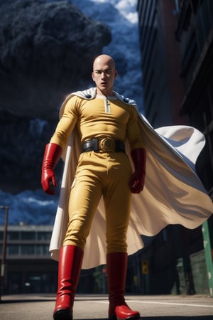 saitama, (photorealistic:1.25), one punch, 1boy, 25-year-old japanese man, ((bald)), (full body:1.52), highly detailed, from below:1.38, (white cape, red boots, red gloves), dynamic pose,  muscular:1.45, masculine:1.13, outdoor,SAITAMA,Detailedface, correct_anatomy, cinematic lighting, dramatic, tilted view:1.23, correct belt