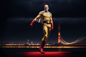 saitama, (photorealistic:1.25), one punch, 1boy, 25-year-old japanese man, ((bald)), (full body:1.52), highly detailed, from below:1.38, (white cape, red boots, red gloves), ((la la land dancing pose)),  muscular:1.45, masculine:1.13, outdoor,SAITAMA,Detailedface, correct_anatomy, cinematic lighting, dramatic, tilted view:1.23, correct belt, motiontrail:1.17