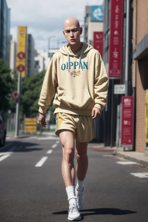 saitama, (photorealistic:1.25), one punch, 1boy, 25-year-old japanese man, ((bald)), (full body:1.52), highly detailed, from below:1.38, (oversize hoodie printed text "OPPAI", spandex shorts, white socks, sneakers), dynamic pose,  muscular:1.45, masculine:1.13, outdoor,SAITAMA,Detailedface, correct_anatomy, cinematic lighting, dramatic, side view