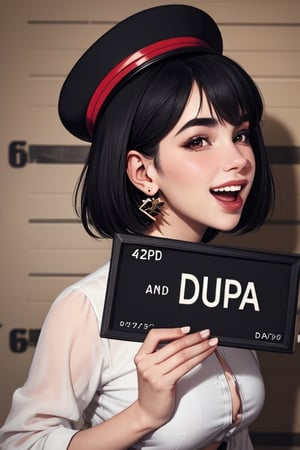 good anatomy, masterpiece, best quality, 4k, 8k, 1woman, dua lipa, barbie_mugshot_(meme), black hair, blush, brick floor, clothing cutout, concept_ken_mugshot_ownwaifu, earrings, hat, holding, holding sign, letterboxed, looking at viewer, meme, open mouth, shirt, short hair, sign, smile, solo, upper body, www.ownwaifu.com, zoom layer 