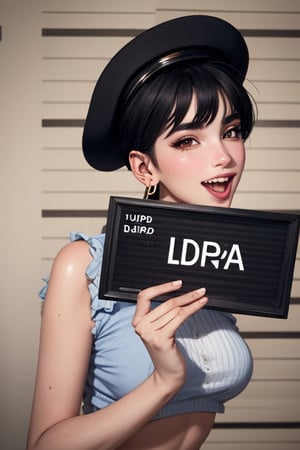 good anatomy, masterpiece, best quality, 4k, 8k, 1woman, dua lipa, barbie_mugshot_(meme), black hair, blush, brick floor, clothing cutout, concept_ken_mugshot_ownwaifu, earrings, hat, holding, holding sign, letterboxed, looking at viewer, meme, open mouth, shirt, short hair, sign, smile, solo, upper body, www.ownwaifu.com, zoom layer 