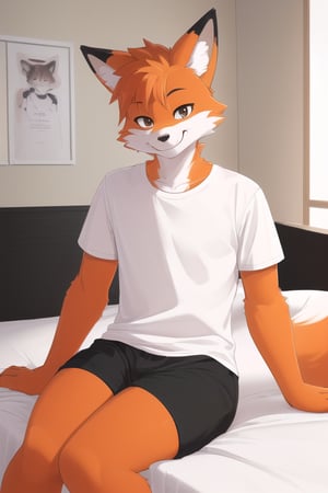 (best quality, highest quality, highres, 8k, anthropomorphic, furry, uploaded_on_e621:1.4), 1boy, fox, otoko no ko, orange fur, thick thighs, tall, inside, bedroom, white t shirt, black shorts, black thigh highs, sitting on bed, looking at viewer, smiling,