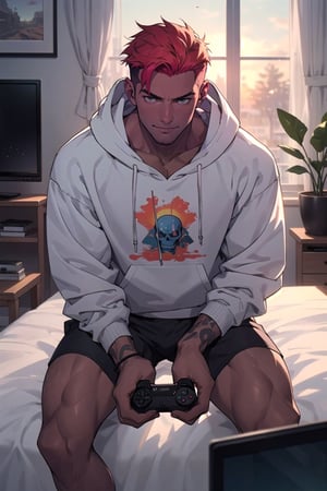 Draw a young man (faced down on the bed) dressed with white hoodie with red skull and boxer. He looks happy and relaxed. The man is in a cozy room with plants and a cat is by the window. The man holds a video game console in his two hands. The evening light enters. There is a 4K television on. Sunset lightning, Depth of field, (masterpiece, best quality:1.3), (vibrant colors)