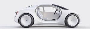 just 1 car, apple car concept, small size car, micro designed car, all pure white colored car, white ring tires, minimalistic, 3d style, adorable round design car, light grey background