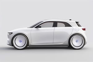 just 1 car, apple car concept, micro designed car,  all white colored car, white ring tires, minimalistic, 3d style, adorable round design car, light grey background