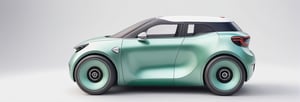 just 1 car, apple car concept, small size car, micro designed car, all verdigris green colored car, white ring tires, minimalistic, 3d style, adorable round design car, light grey background