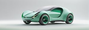 just 1 car, apple car concept, small size car, micro designed car, all verdigris green colored car, white ring tires, minimalistic, 3d style, adorable round design car, light grey background