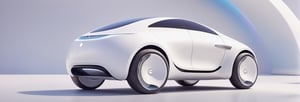 just 1 car, apple car concept, micro designed car,  all white colored car, white ring tires, minimalistic, 3d style, adorable round design car, 